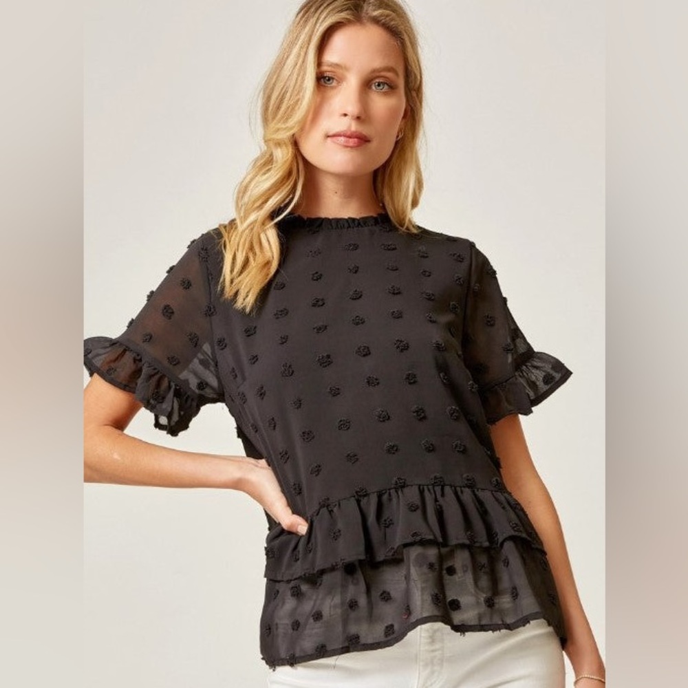 Black Swiss Dot Tiered Blouse, Short Ruffled Hem Sleeves, Andree By Unit, NWT